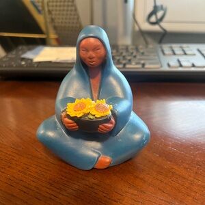 Tlalli Woman & Sunflowers  Seated Aztec Spanish Pottery Figurine Indigenous